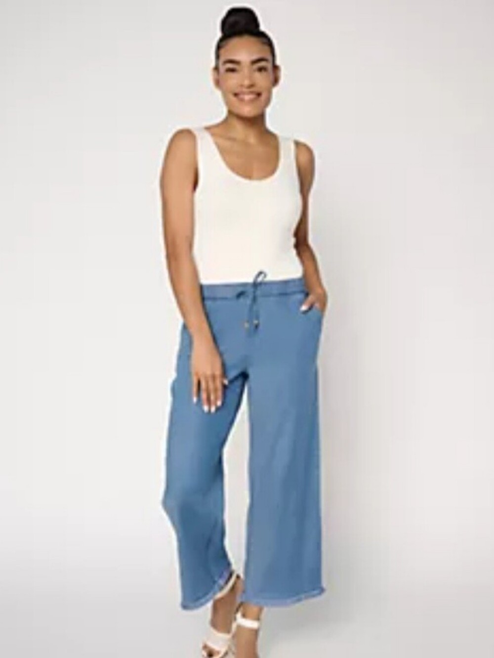 New Wide Leg Crop Chambray Casual Pants Petite 3X Fringe